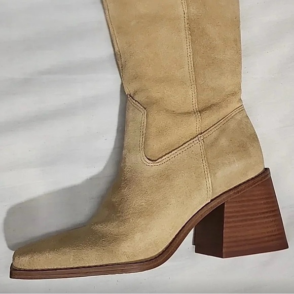Vince Camuto Tan Sangeti High Boot Square Toe Block Heel Genuine Suede Leather - Picture 6 of 10